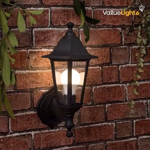 MiniSun Traditional Black Security Wall Lantern with 6W LED Bulb, Mains Wired Outdoor Light – 4