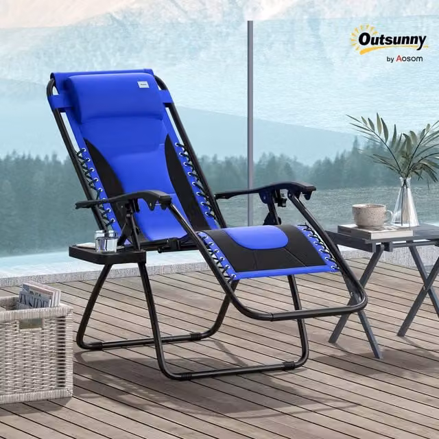 Outsunny Zero Gravity Folding Recliner Lounger with Cup Holder and Pillow, Blue