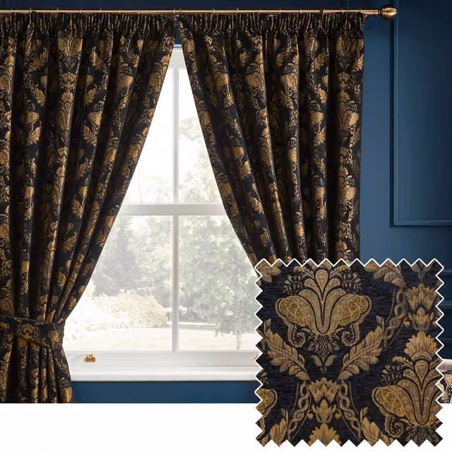 Make it a Home Shiraz Damask Pencil Pleat Curtains, Black, Height: 229 cm, Width: 168 cm
