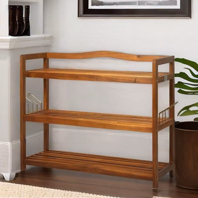 FURNOS 3-Tier Acacia Wood Vertical Shoe Rack with Hanging Hooks in Brown