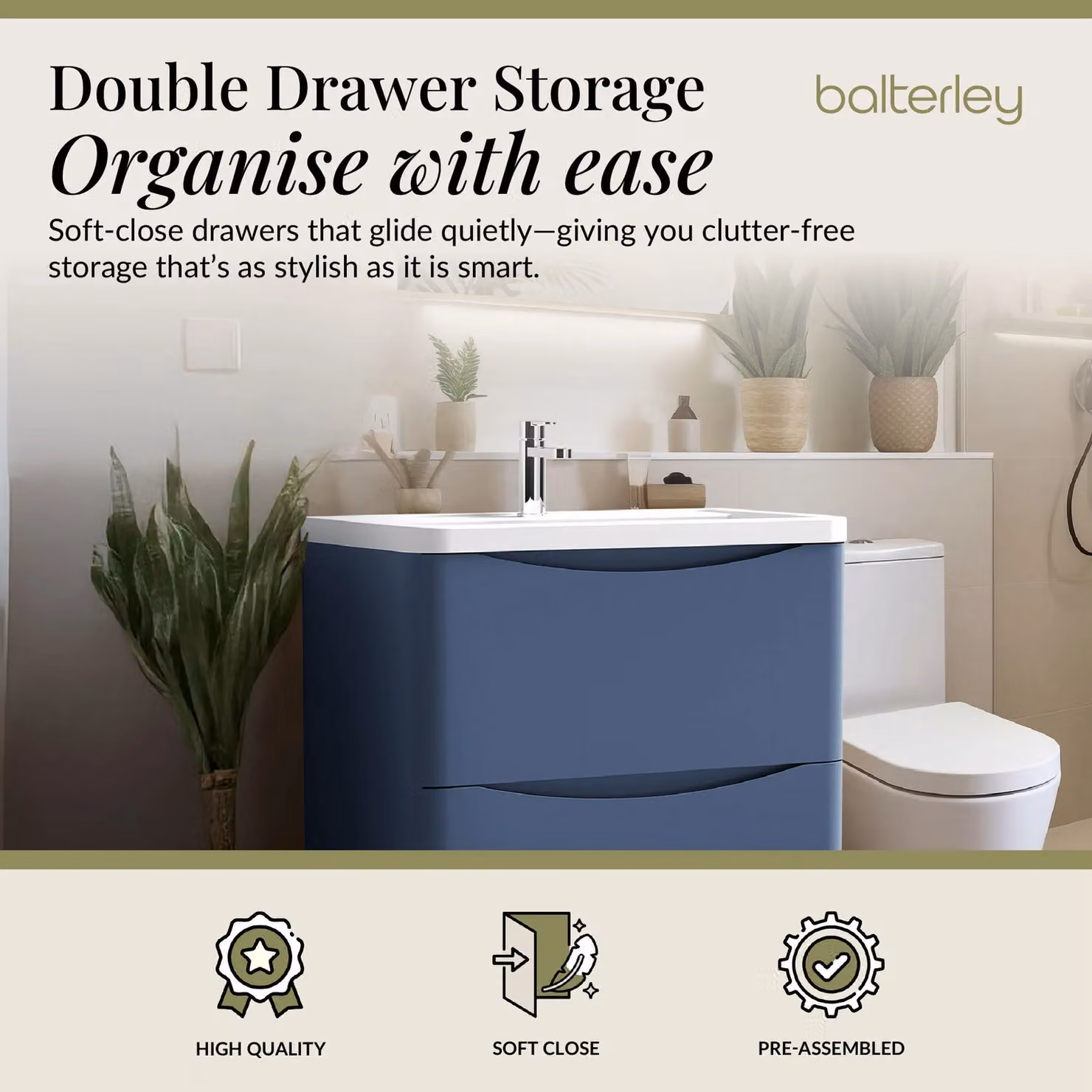 Balterley Modern 2 Drawer Bathroom Vanity Unit and Basin, Blue – 2