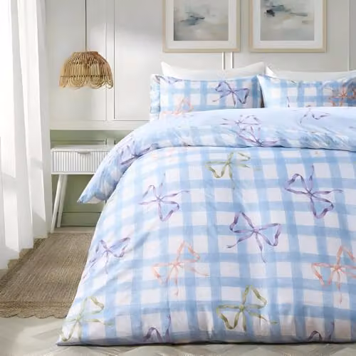 OHS Blue Gingham Microfibre Reversible Double Duvet Cover and Pillowcase Set