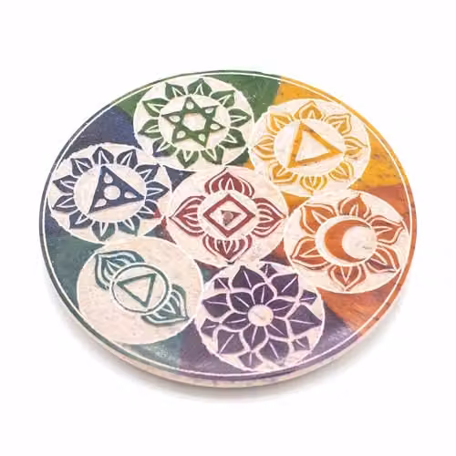 KDMD Seven Chakra Soapstone Disc Incense Holder, Multicolour, Diameter: 10 cm – 1