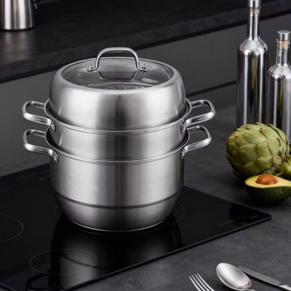 Living and Home 3-Tier 304 Stainless Steel Steamer Pot in Metallic Silver, Diameter: 28 cm – 2