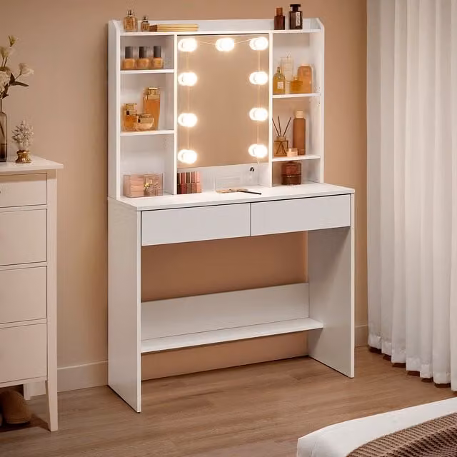 VASAGLE Modern White LED Hollywood Vanity Desk with Mirror and Drawers