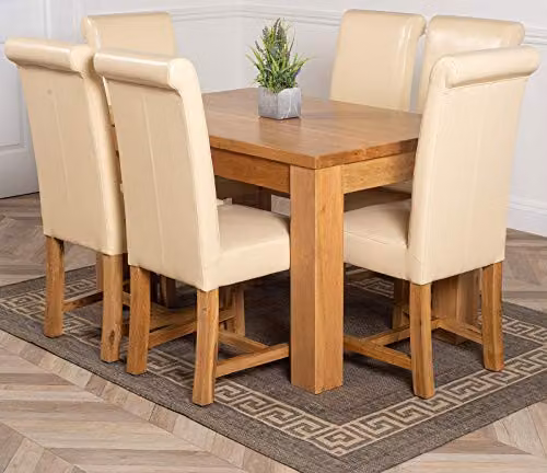 Oak Furniture King Dakota 6 Seater Solid Oak Dining Set with Washington Upholstered Ivory Leather Chairs, W/D/H: 127 x 82 x 77 cm
