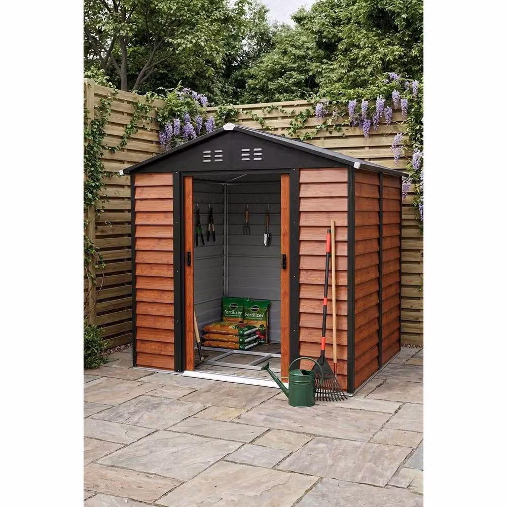 FORGEVIO Brown Wood Effect Galvanised Steel Garden Shed with Double Doors and Roof Vent – 4