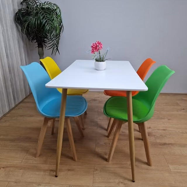 Kosy Koala Modern Rectangular White Wood Dining Table and Four Multicolour Plastic Chairs Set