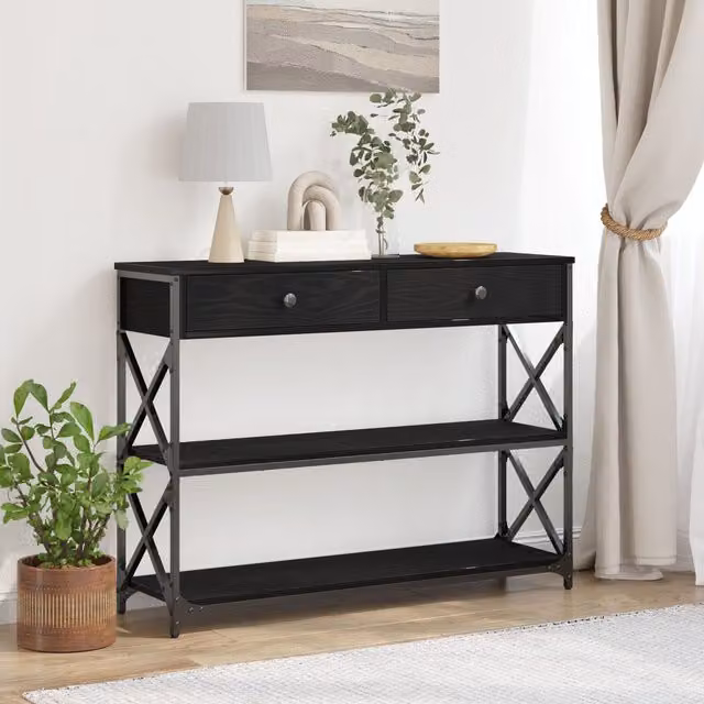 Berkfield Home Modern Black Oak Console Table with Steel X-Frame, W/D/H: 100 x 28 x 75 cm