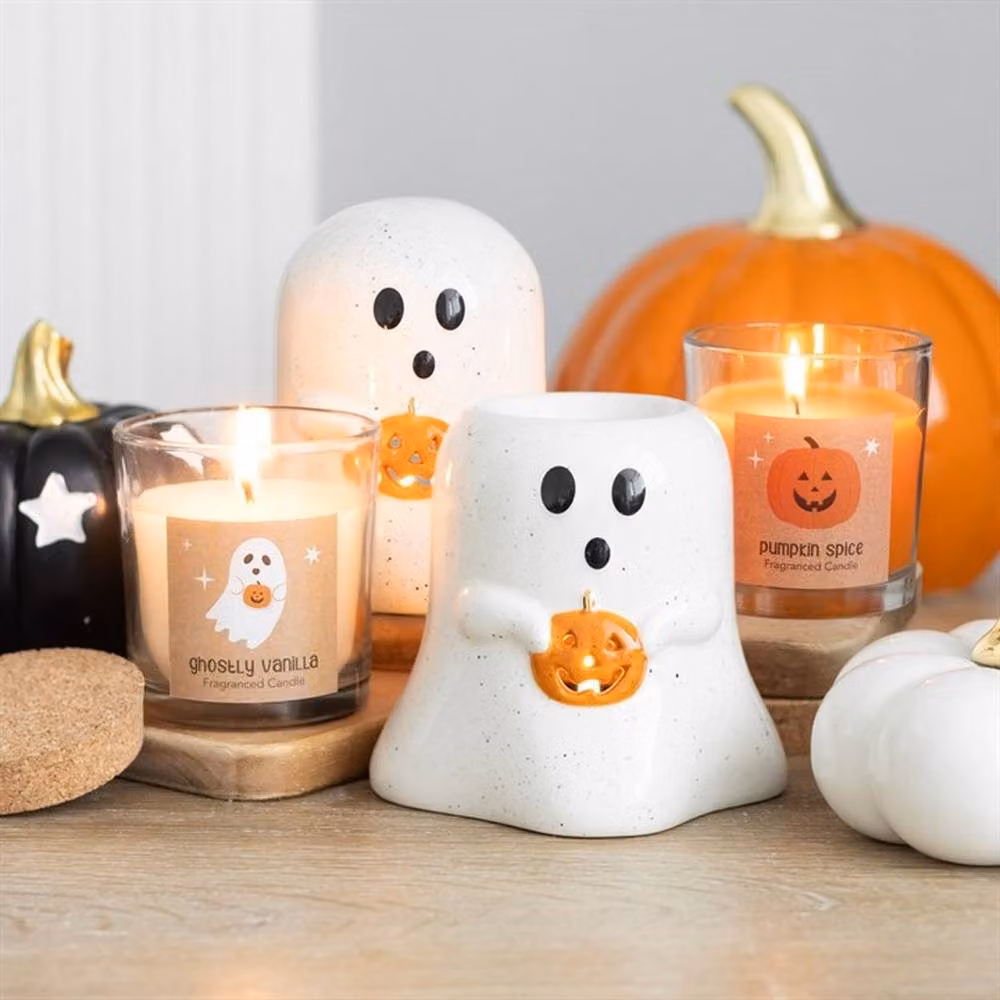 Uniqueful Ghost Shaped Ceramic Tealight Candle Holder with Pumpkin in White – 2