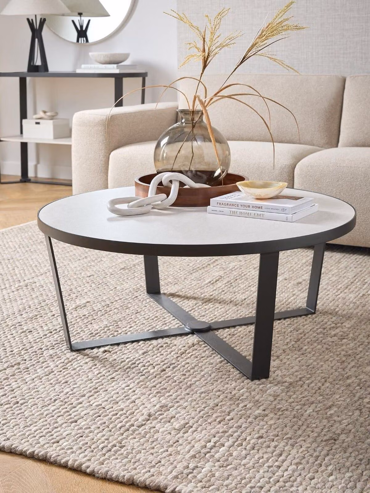 Michelle Keegan Home Cortes Oval Ceramic Coffee Table with Matt Black and White Finish, W/D/H: 90 x 40 x 90 cm