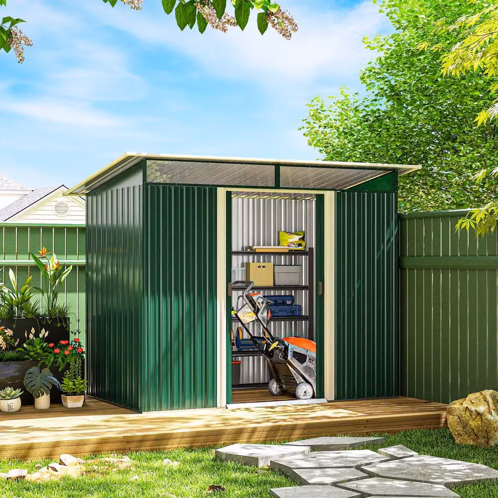 Rolipo Green Pent Metal Garden Shed with Sliding Doors and Window, W/D/H: 259.0 x 121.92 x 173.0 cm – 3