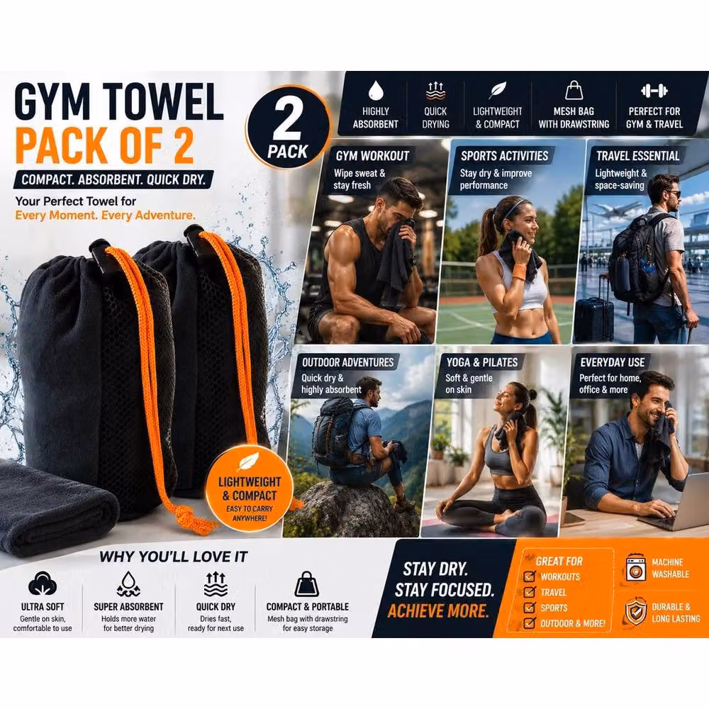 NESTLUNE Pack of 2 Large Quick-Drying Microfibre Towels in Black – 3