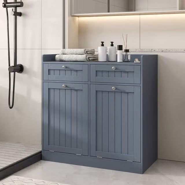 Costway Grey Tilt-Out Laundry Hamper Cabinet with 2 Internal Drawers for Bathroom Storage