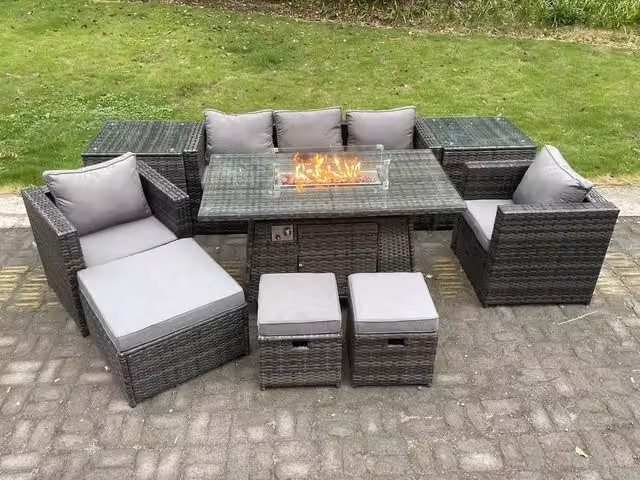 Fimous 8 Seater Dark Grey PE Rattan Garden Furniture Set with Gas Fire Pit Dining Table and Heater