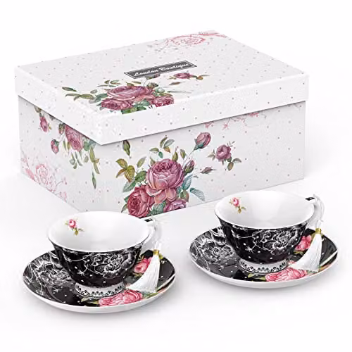London Boutique Black and White Floral Tea Cup and Saucer Set of 2 in New Bone China