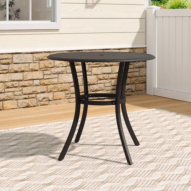 Livingandhome Round Metal Slatted Garden Table with Parasol Hole in Matt Dark Grey