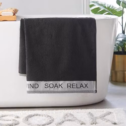 Catherine Lansfield Relax and Unwind Black Cotton Terry Bath Sheet W/D/H: 90 x 140 cm