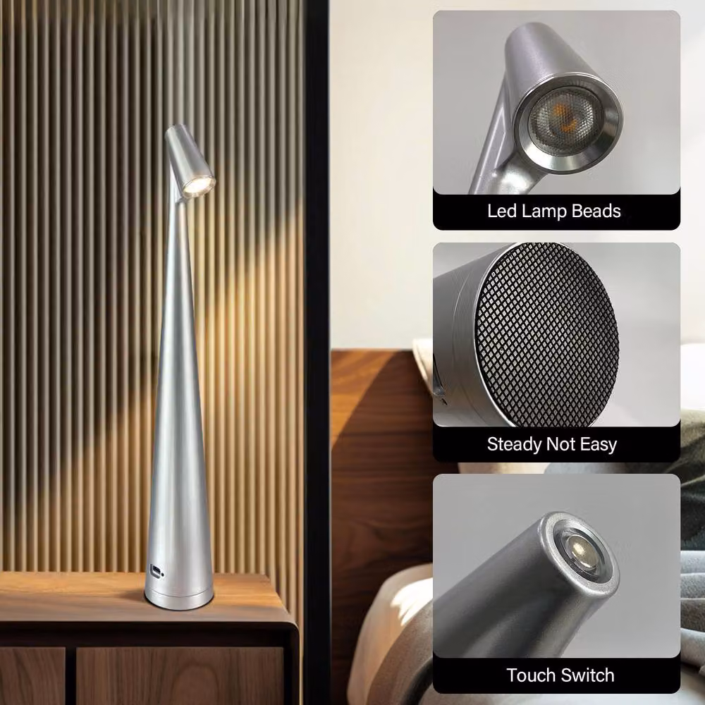 INMTFEI Touch LED Table Lamp in Silver, USB-C Rechargeable with Dimmer Function – 5