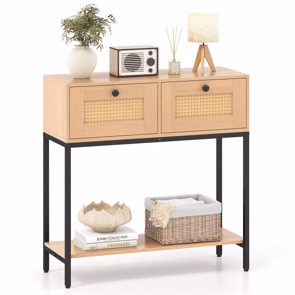 Costway Boho Modern Wooden Console Table with 2 Drawers in Natural Sand Brown – 2