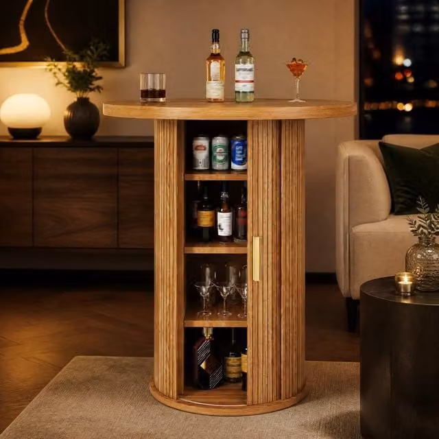 STILVORA Round Bar Table with Storage and Sliding Door in Sand and Brown – 1