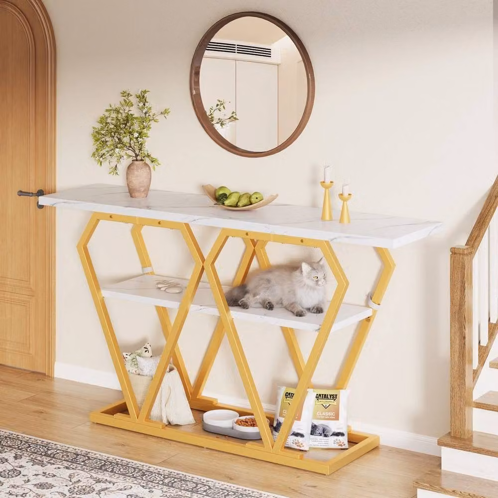VOGREX Modern White and Gold Console Table with Geometric Metal Frame, W/D/H: 60.0 x 29.5 x 80.0 cm – 2