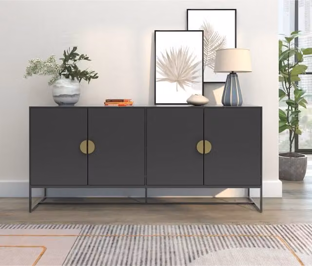 Asia Modern Glossy Anthracite Sideboard with 4 Doors and 1 Fixed Shelf