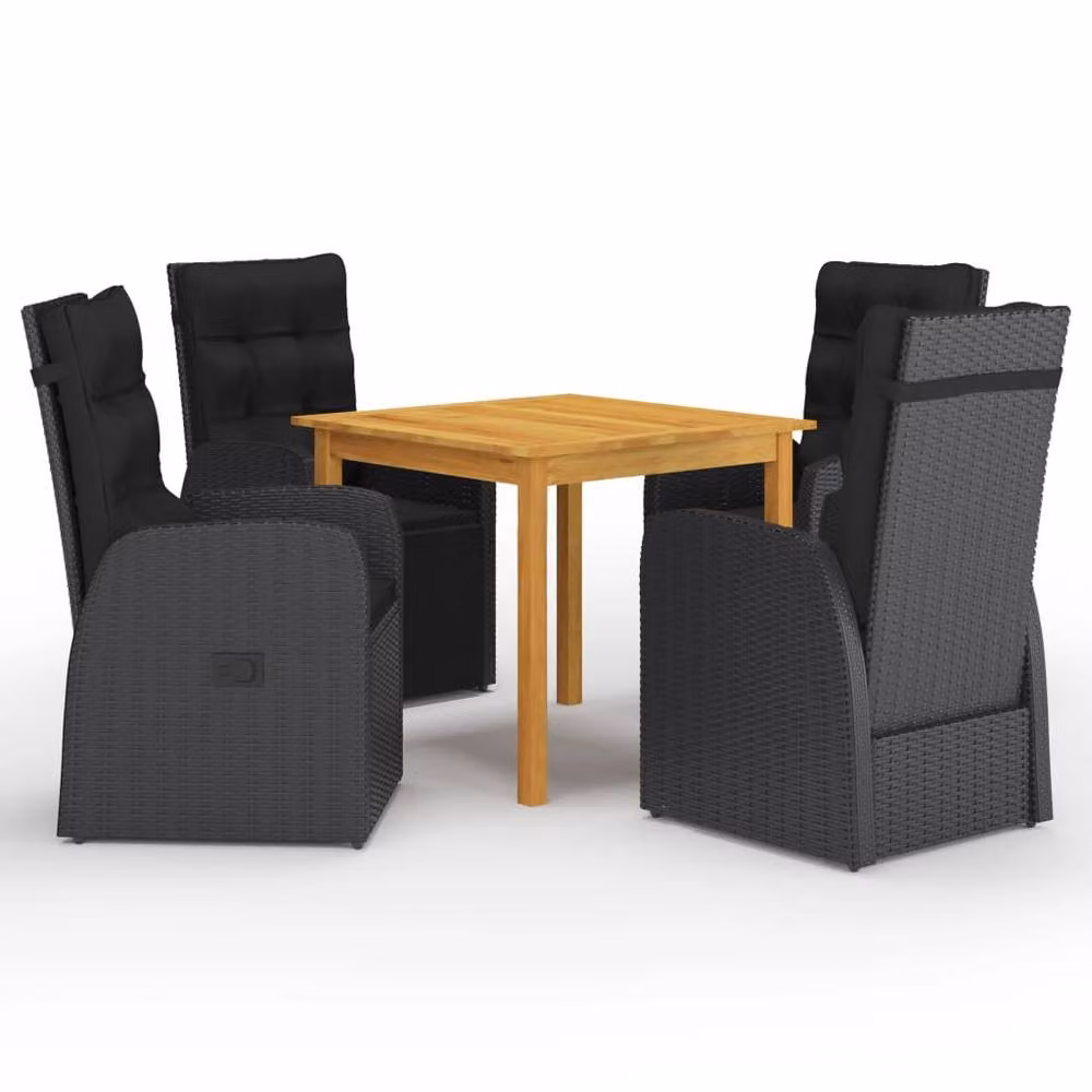 Berkfield Home 5 Piece Black Poly Rattan Garden Dining Set with Acacia Wood Table and Cushions – 2