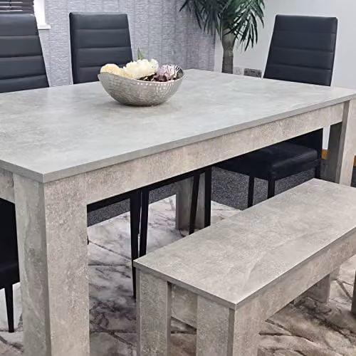 KOSY KOALA Modern 6 Seater Dining Set with Grey Stone Effect Table, 4 Black Faux Leather Chairs and 1 Bench, W/D/H: 140 x 80 x 75 cm – 6