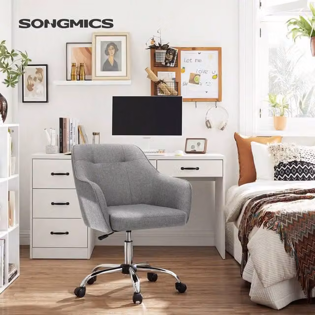 SONGMICS Modern Grey Fabric Swivel Task Office Chair with Armrests and Castors
