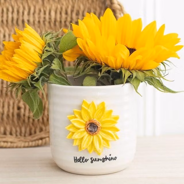 Uniqueful Hello Sunshine 3D Sunflower Ceramic Plant Pot in White, Small