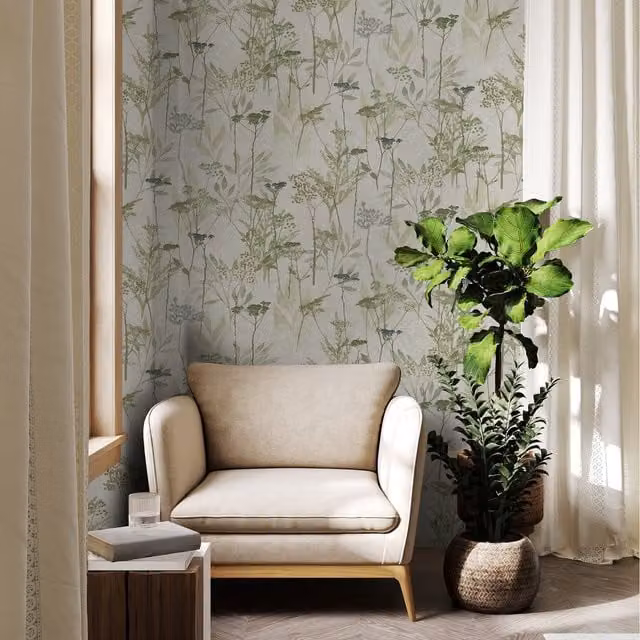 Superfresco Easy Solstice Floral Botanical Wallpaper in Sage Green Matt Finish