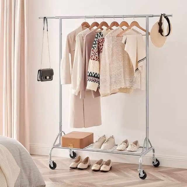 SONGMICS HSR02S Silver Chrome Clothes Rail with Shoe Shelf and 50kg Load Capacity