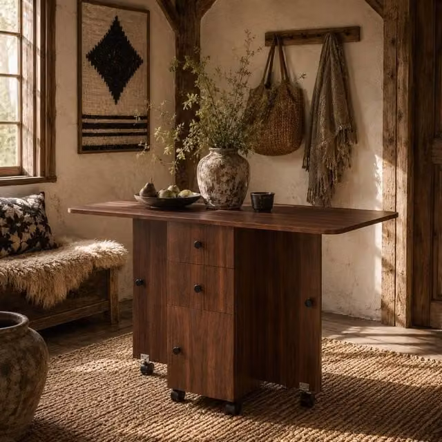Wyld Haus Distressed Brown Rustic Wood Drop Leaf Dining Table with Storage Seats for up to 6 People W/D/H: 120.0 x 76.5 cm