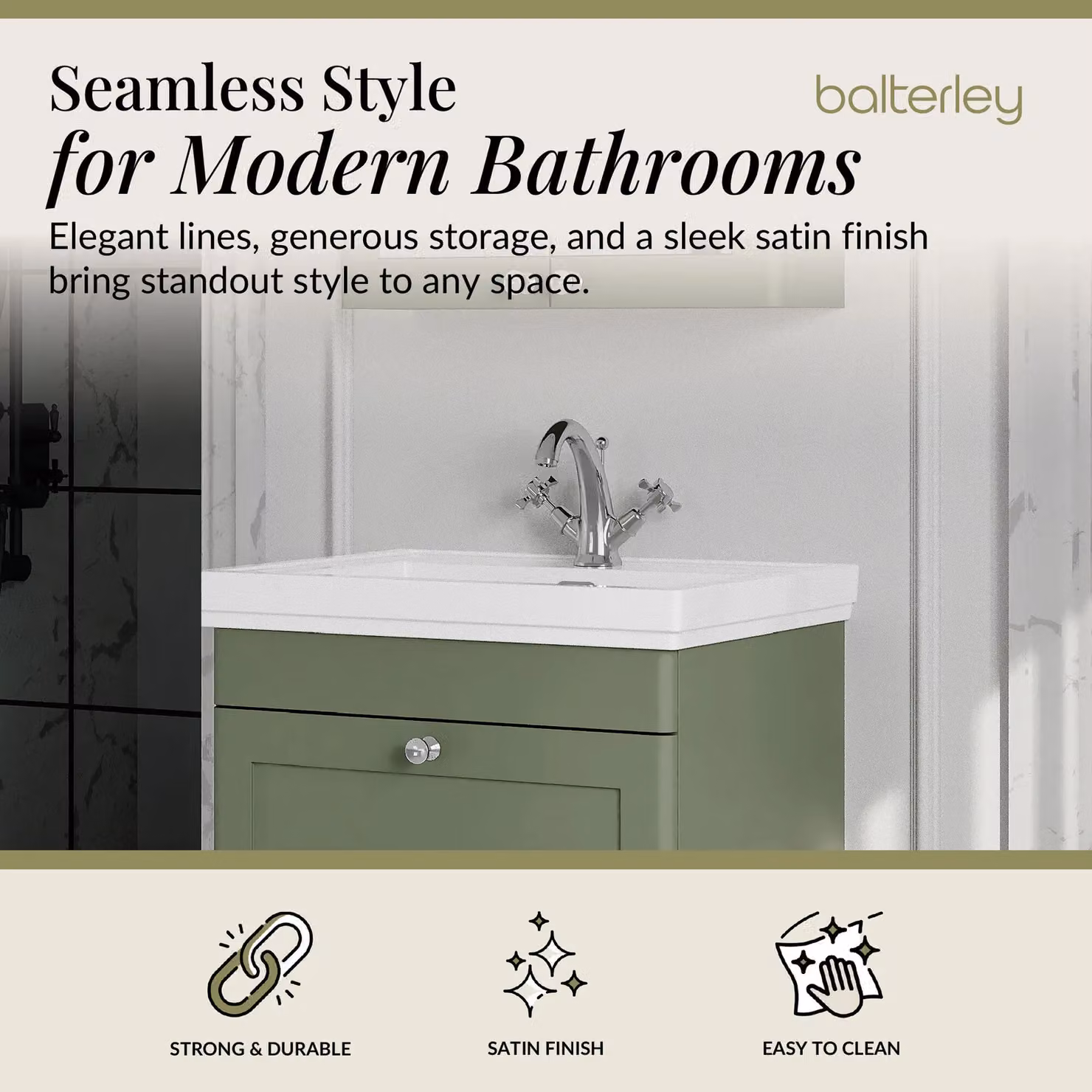 Balterley Wall Hung 1-Drawer Bathroom Vanity Unit and Fireclay Basin, Green, W: 60 cm – 2