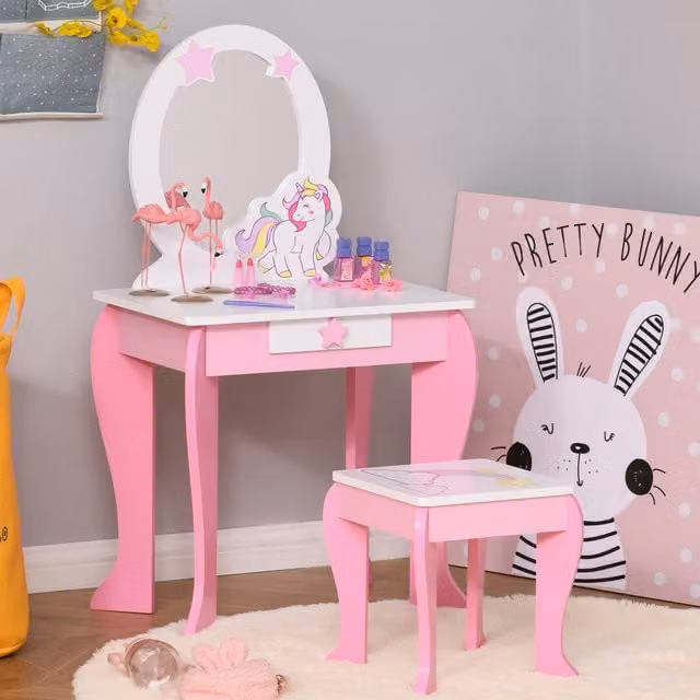 HOMCOM Kids Dressing Table with Mirror and Stool in Pink