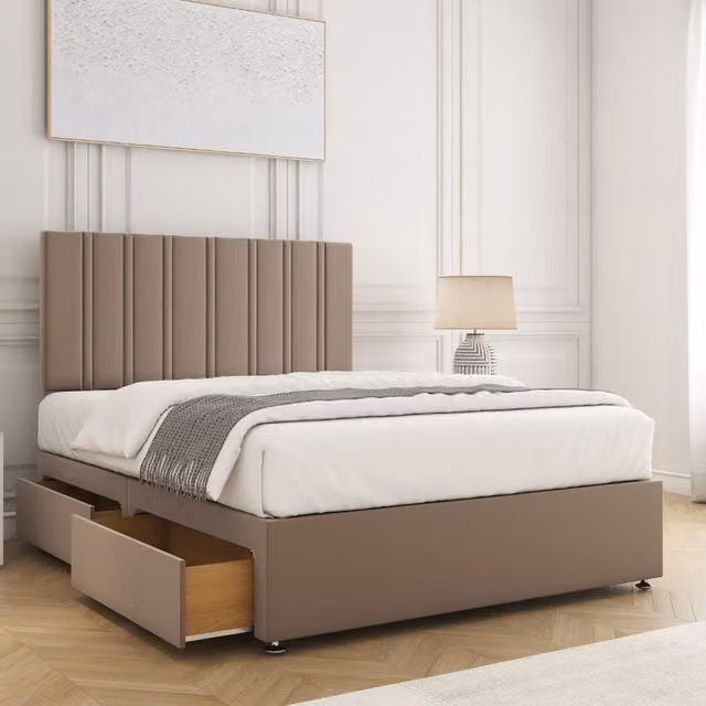 BSSPOKE Sienna Plush Velvet Divan Bed Set with 24 inch Headboard, 4 Drawers and Mattress in Bronze, Small Double, W/D/H: 120 x 200 cm