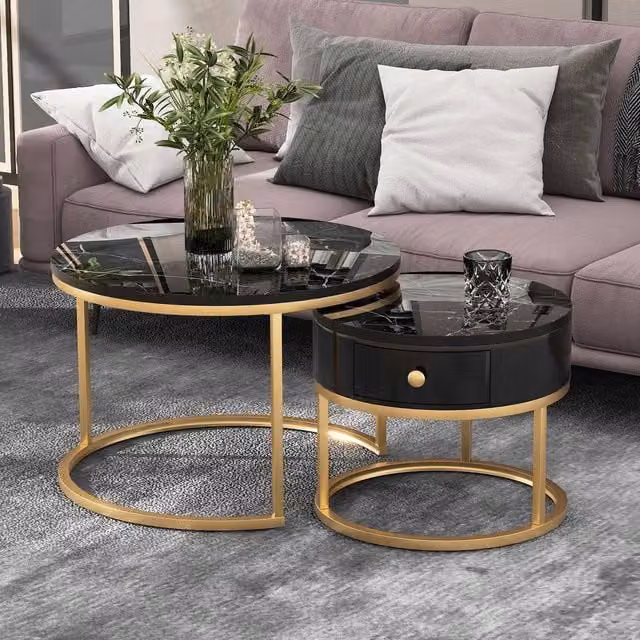 STILVORA Nesting Coffee Tables Set of 2 in Black and Gold with Round MDF Tops and Metal Sled Base – 1