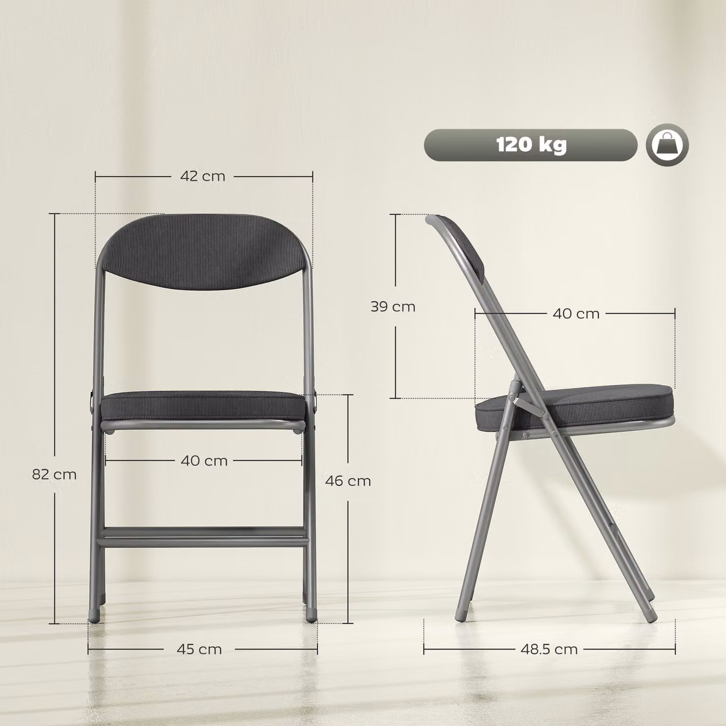 HOMCOM Set of Four Folding Corduroy Seat Chairs in Dark Grey – 3
