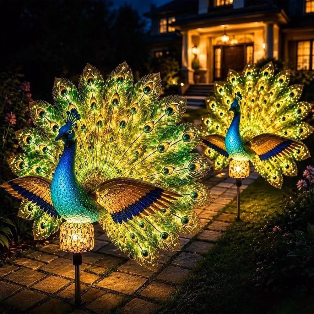 SPETLEK Green Resin Peacock Solar Powered LED Garden Stake Light – 2