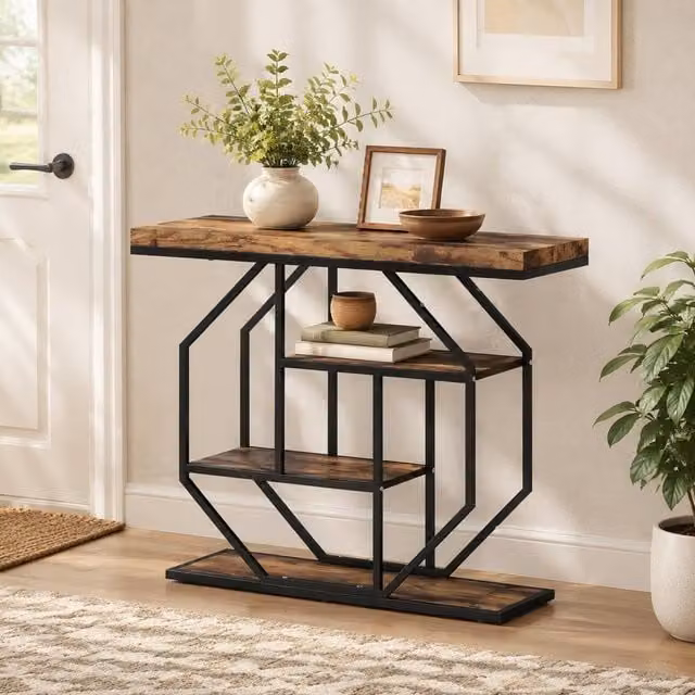 STILVORA Industrial Console Table with 4 Shelves in Dark Brown Wood, W/D/H: 100 x 30 x 80 cm – 1