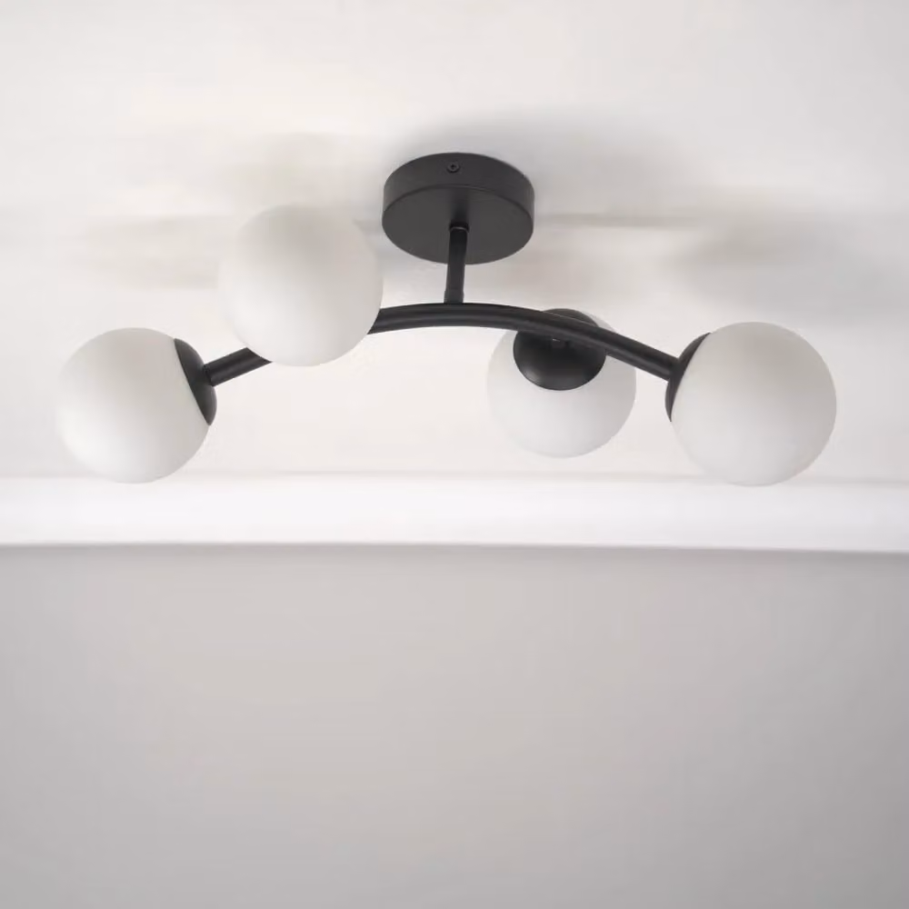 ValueLights Jas 4 Way Ceiling Light with Black Metal Frame and White Frosted Glass Sphere Shades – 2