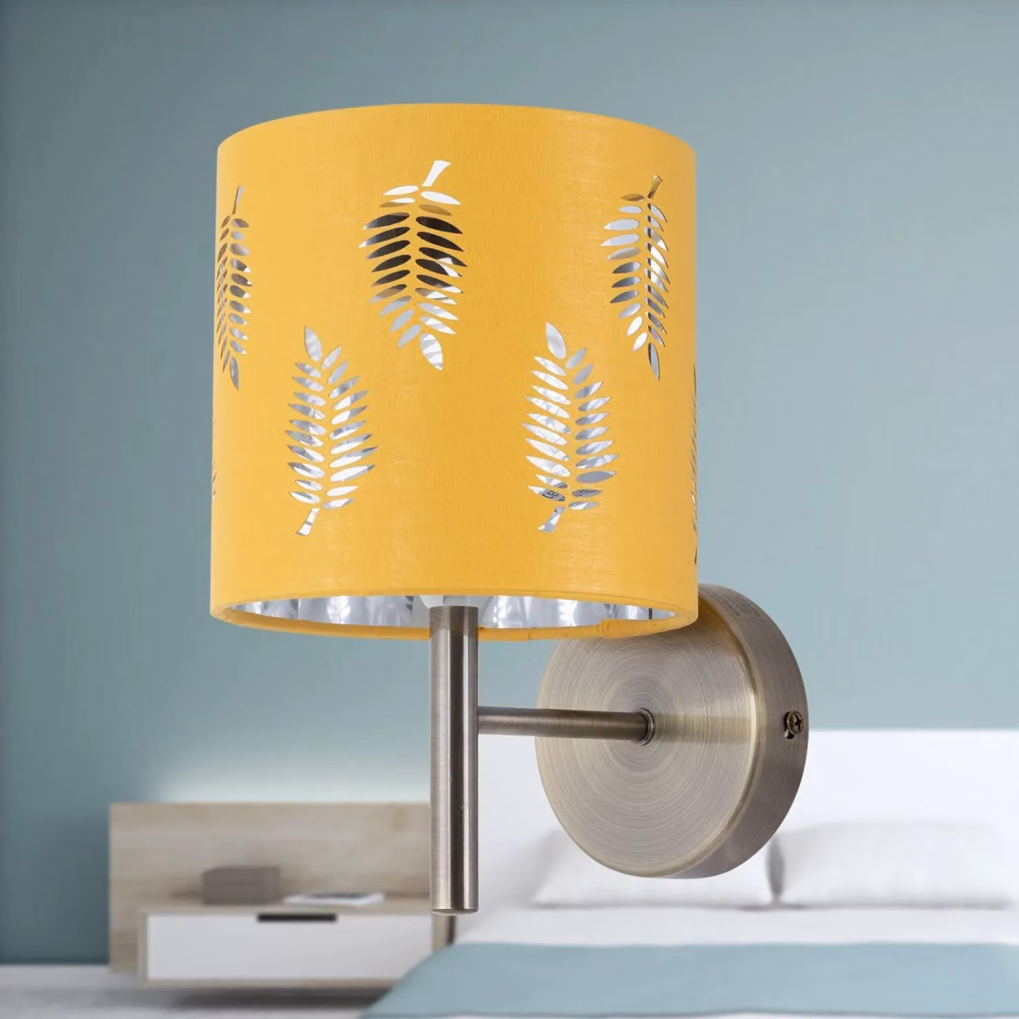 First Choice Lighting Brea Antique Brass Wall Light with Ochre Fabric Shade – 2