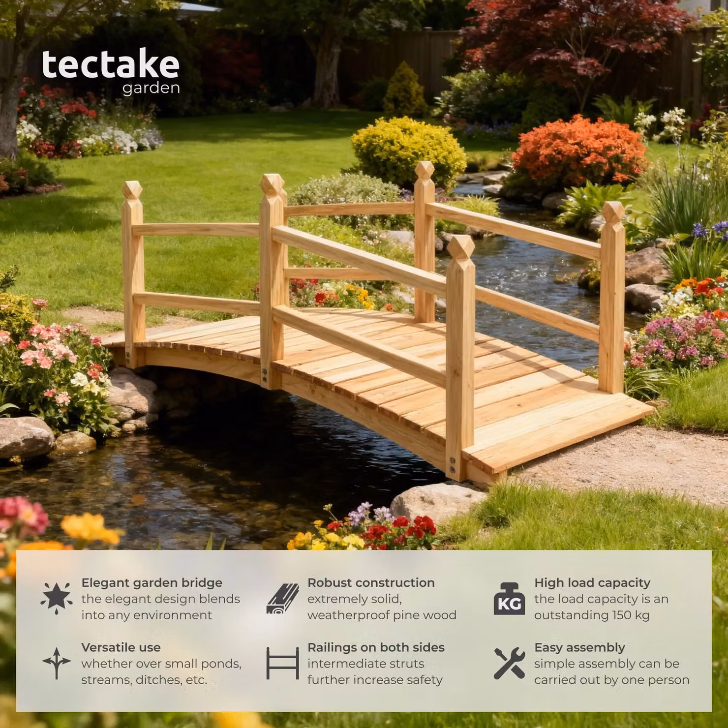 tectake Weatherproof Garden Bridge with Railing in Brown, W/D/H: 137 x 58 x 58 cm – 2