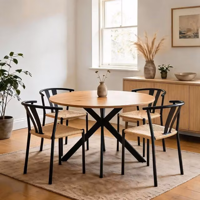 Home Source Eira Round Dining Table and 4 Chairs Set in Oak Effect and Black