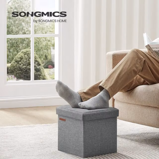 SONGMICS Foldable Storage Ottoman Footstool in Light Grey