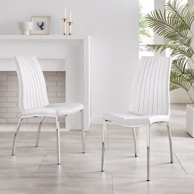 FurnitureboxUK Set of 2 Isco White Faux Leather Dining Chairs with Silver Chrome Metal Legs