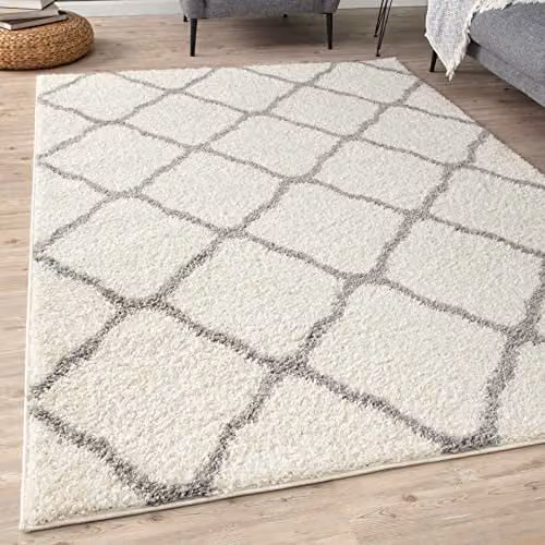 THE RUGS Moroccan Shaggy Area Rug in White and Grey, W: 60 cm, L: 110 cm, H: 3 cm – 1