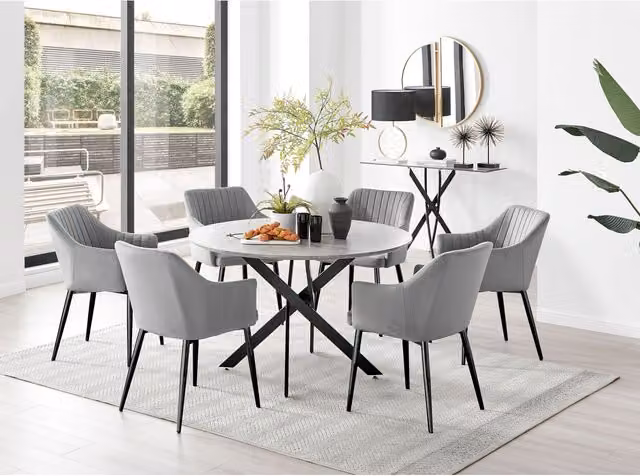 FurnitureboxUK Novara Grey Concrete Effect Round Dining Table and 6 Calla Black Leg Chairs – 1