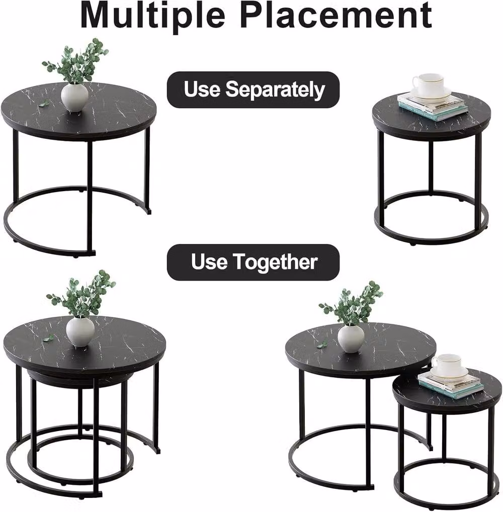 Huhote Set of 2 Round Nesting Coffee and Side Tables with Black Marble Finish and Metal Sled Base – 5